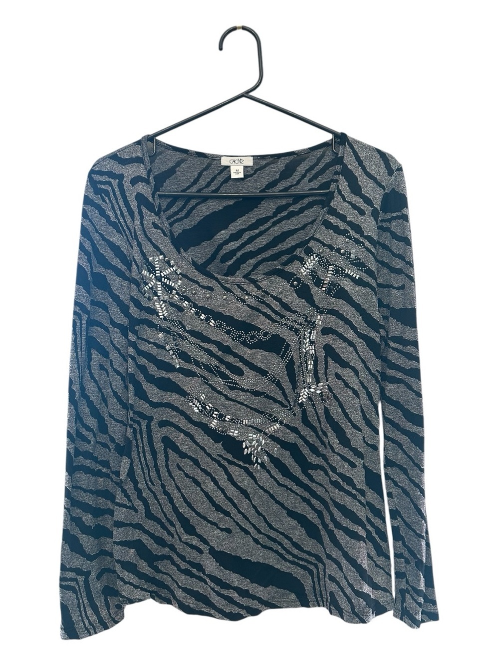 Vintage Y2K Era Cache Black & Silver Zebra Print Embellished Long Sleeve Top M